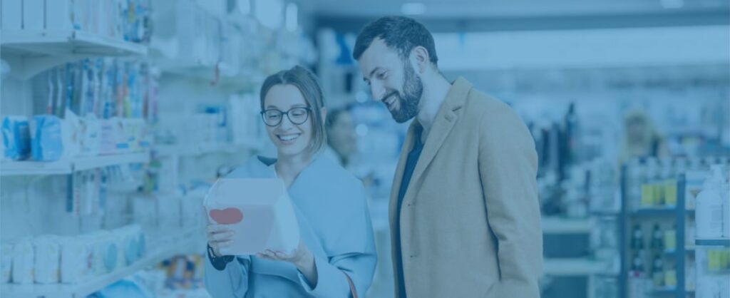 happy couple shopping together for adult diapers as part of their incontinence care routine